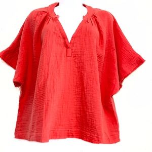Young Fabulous & Broke RED PINK raw frayed edge dolman sleeve 100% cotton top.